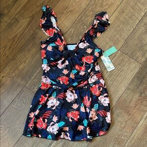 Navy Floral One-Piece Swimdress with Red & Pink Blooms